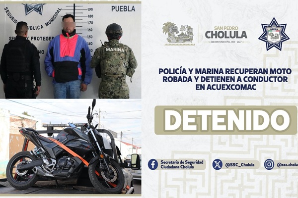 Policía y Marina recuperan moto robada y detienen a conductor en San Pedro Cholula