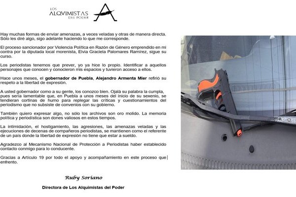 Personas sin identificar colocaron una pistola de juguete en el parabrisas del automóvil de la periodista Ruby Soriano