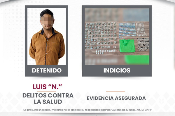 Aseguran a un narcomenudista que tenía en su poder más de 386 dosis al parecer de diferentes sustancias ilícitas en el barrio El Alto