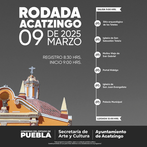 En la rodada se visitarán seis puntos culturales e históricos de Acatzingo el próximo domingo 9 de marzo, a partir de las 8:30 horas.