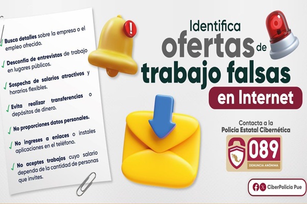 Alerta SSP Puebla sobre ofertas de trabajo falsas en Internet