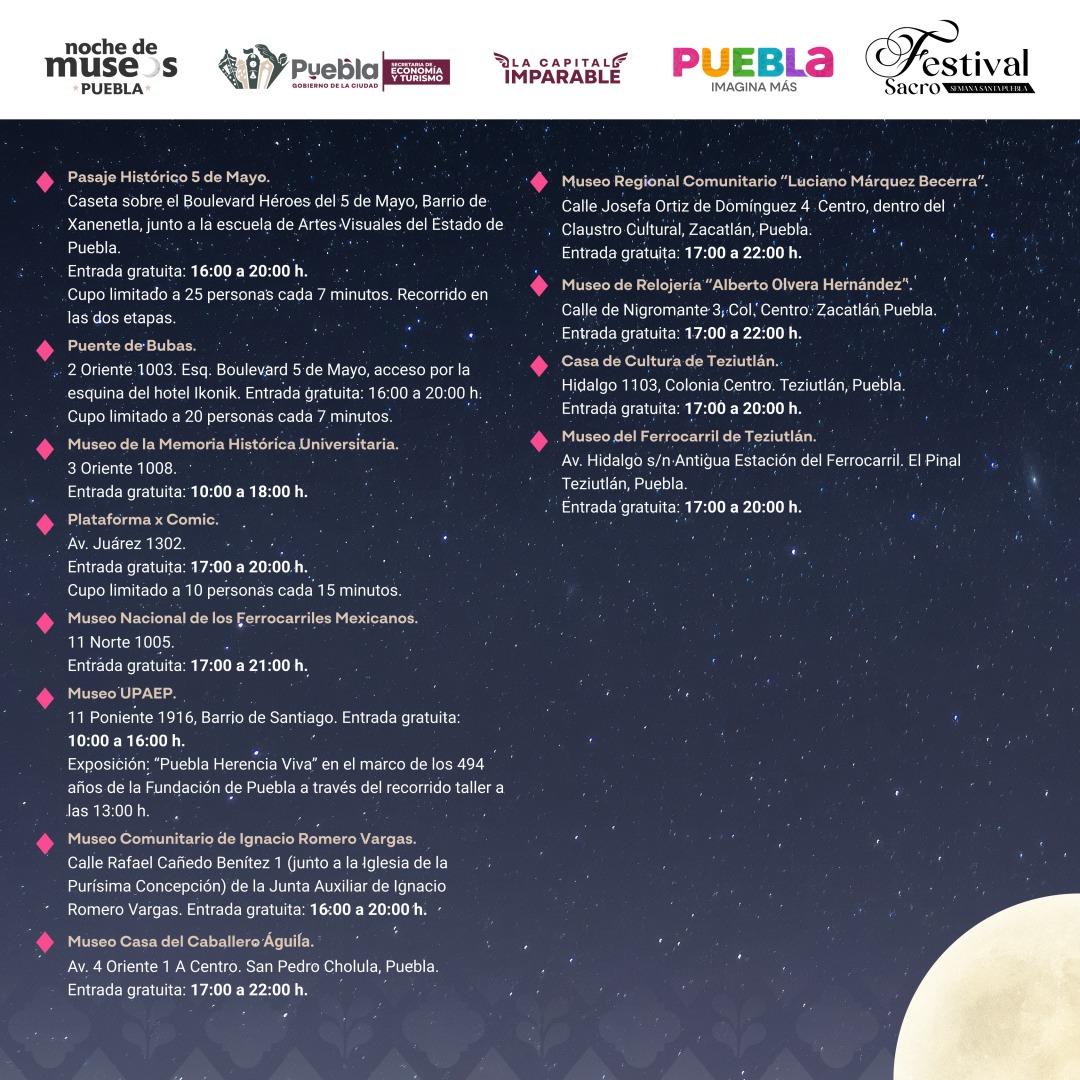 En la edición de abril de la Noche de Museos participaran 26 museos, recintos y parques de Puebla en el marco del Festival Sacro