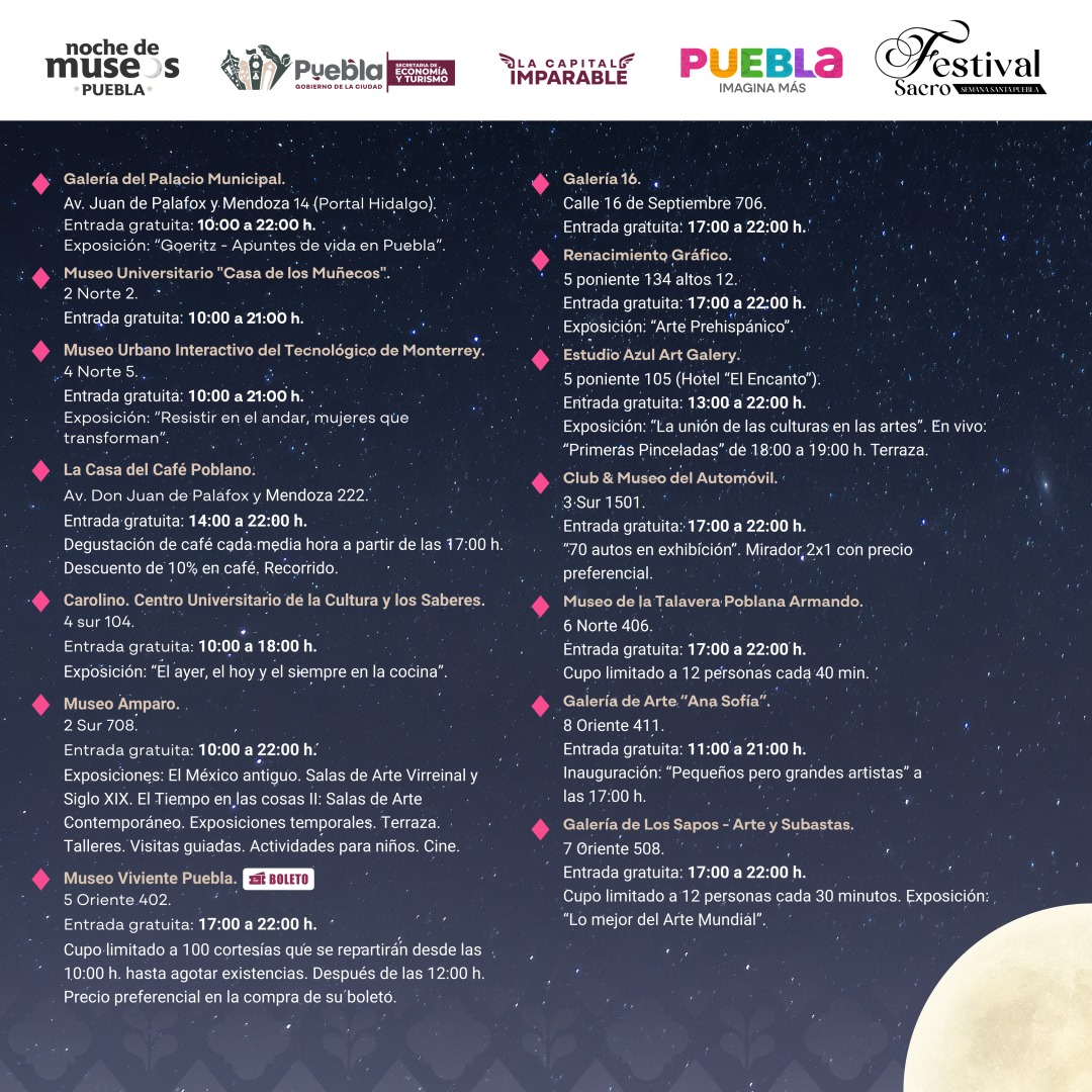 En la edición de abril de la Noche de Museos participaran 26 museos, recintos y parques de Puebla en el marco del Festival Sacro