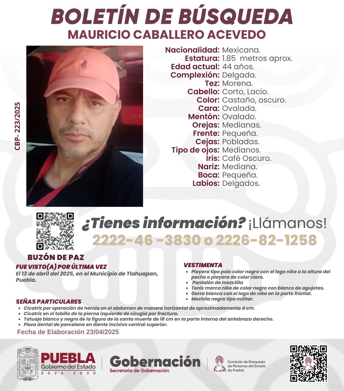 Mauricio Caballero posee un tatuaje de la Santa Muerte en el antebrazo derecho y una pieza dental de porcelana en el diente incisivo superior