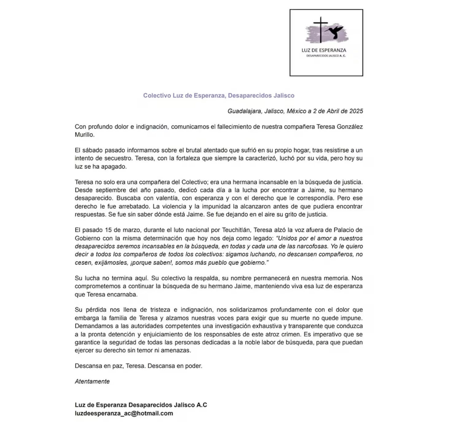 A Teresa González Murillo le dispararon la cara al resistirse a un intento de secuestro, y tras varios días en el hospital, falleció 