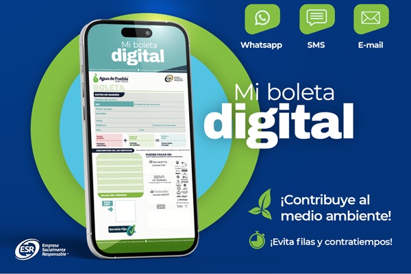 Agua de Puebla lanza la Boleta Digital que llegará por WhatsApp, E-mail o SMS