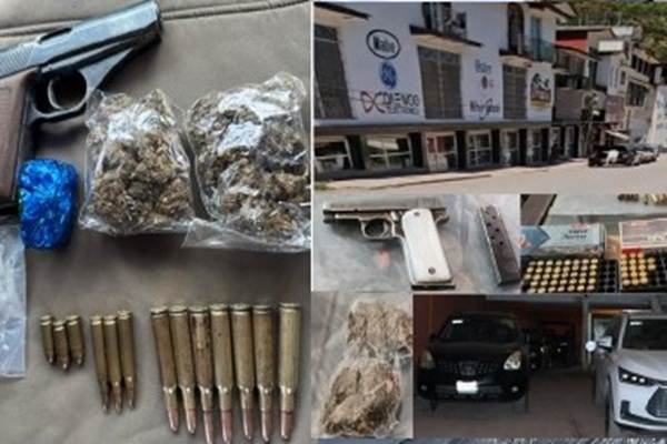 Durante cateos en Cuautempan y Ahuacatlán FGE Puebla asegura droga, armas de fuego y cartuchos útiles