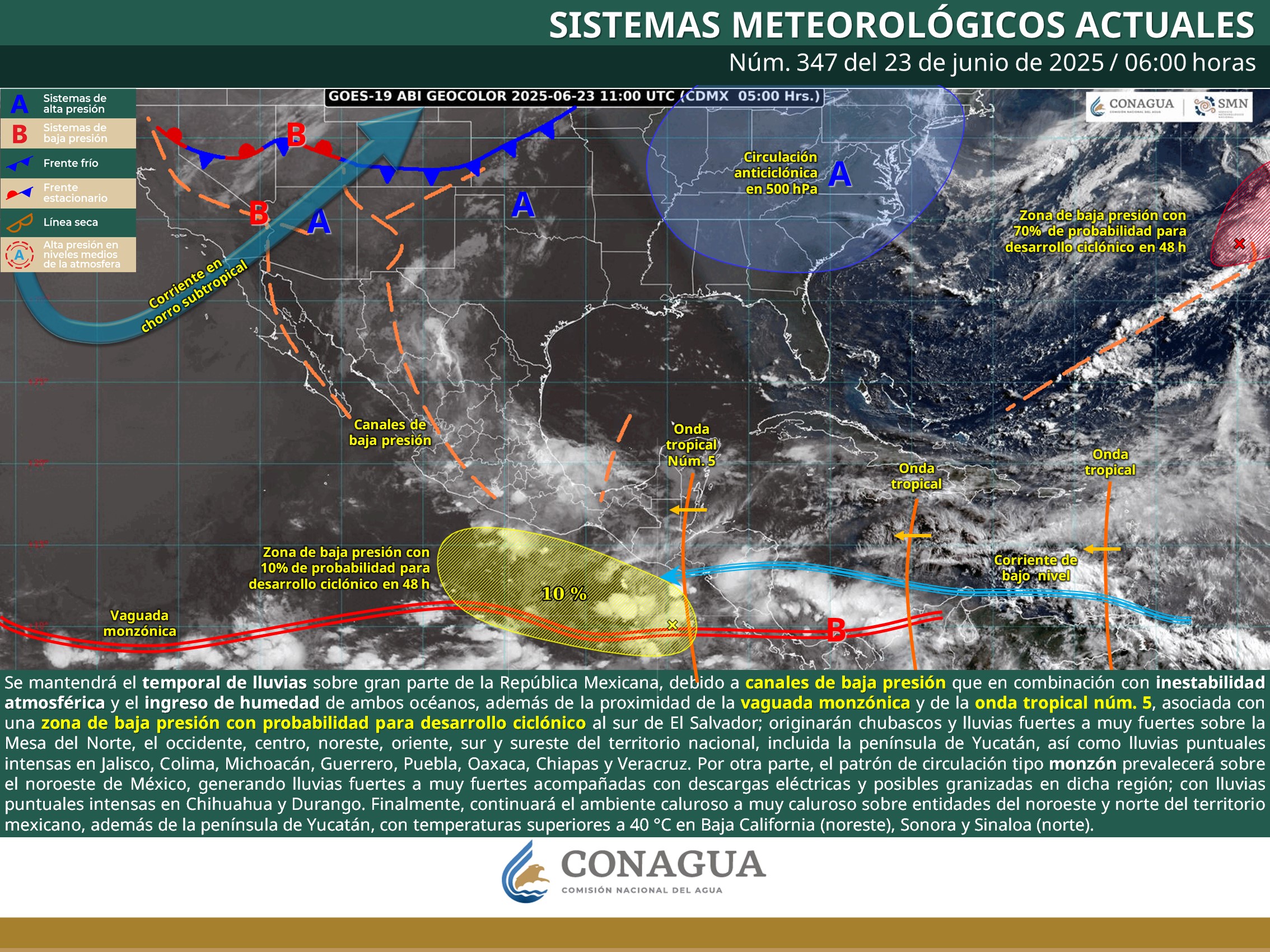 Se esperan lluvias muy fuertes con puntuales intensas en Chihuahua, Durango, Jalisco, Colima, Michoacán, Guerrero, Puebla, Oaxaca, Chiapas
