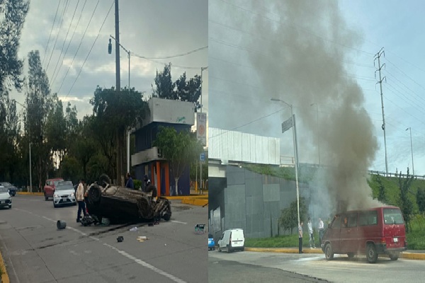 Domingo de accidentes viales automovilista vuelca en Calzada Zaragoza y se incendia camioneta en bulevar Atlixco