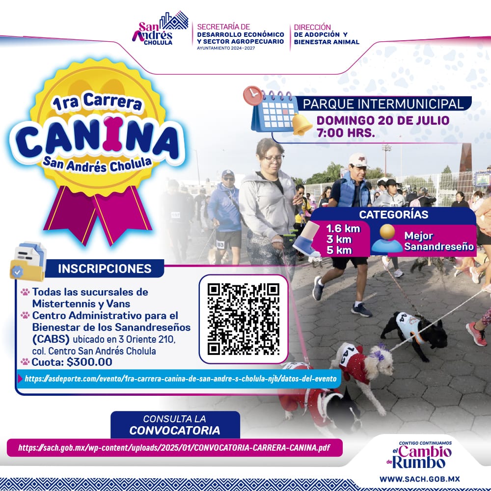 La 1ª Carrera Canina contempla la participación de tutores y caninos en distancias de 1.6, 3 y 5 kilómetros, además de una categoría especial
