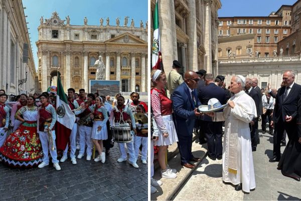 Oriones Marching Band Puebla es la primera banda de marcha mexicana en tocar para el Papa quien recibió un sombrero de charro