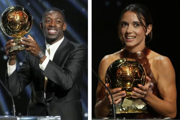 Ousmane Dembélé recibió el Balón de Oro de manos de Ronaldinho, el brasileño que ganó el premio en 2005, en la ciudad donde juega
