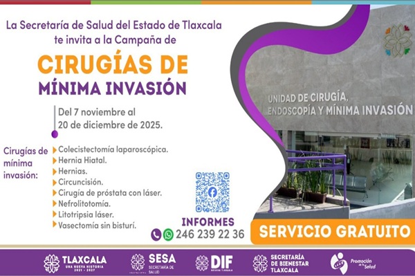 Invita Secretaría de Salud a campaña de cirugías de mínima invasión en Tlaxcala