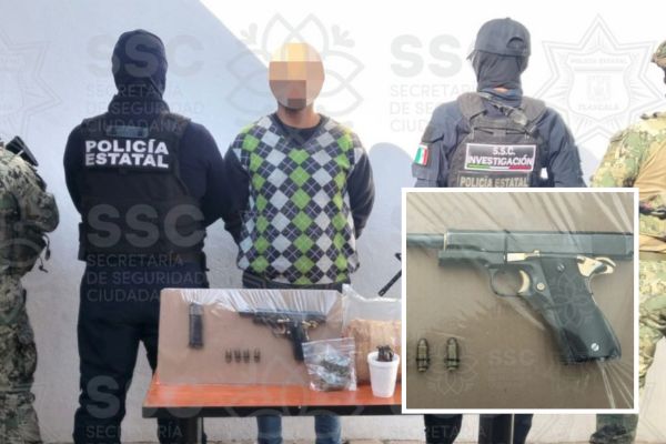 Durante la revisión hecha por la SSC, se localizó un arma de fuego corta, un cargador abastecido, una posible granada y paquetes de droga