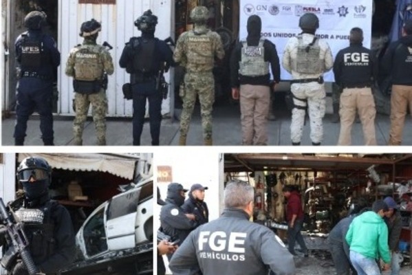 En operativo en la 46 Poniente, FGE Puebla recupera vehículo robado, autopartes, arma y droga