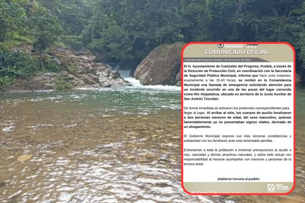 El Ayuntamiento de Cuetzalan del Progreso confirmó el fallecimiento de dos menores de edad por ahogamiento en el Río Atepatahua